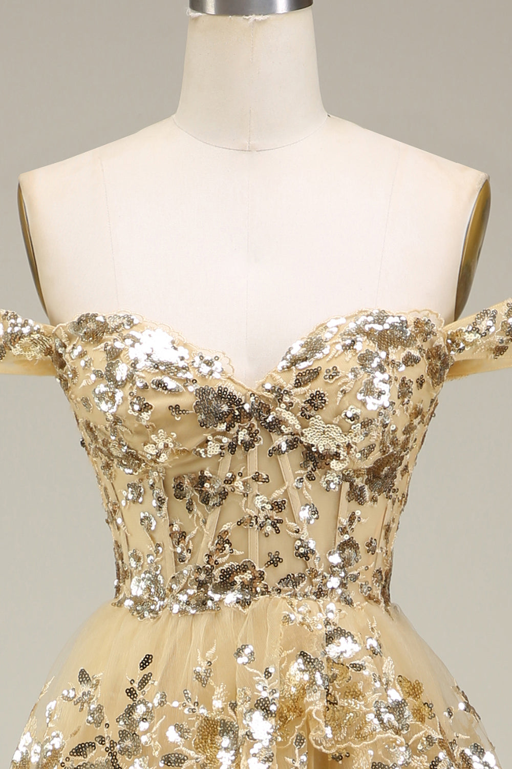 Blush Off the Shoulder Corset Sequin Tiered Prom Dress with Slit
