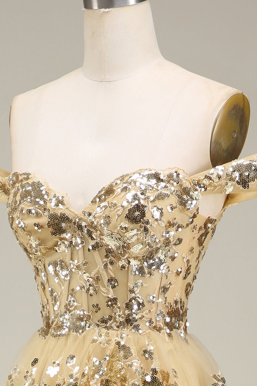 Off the Shoulder Golden Corset Tiered Prom Dress with Slit