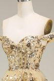 Off the Shoulder Golden Corset Tiered Prom Dress with Slit