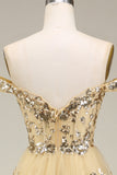 Dark Blue Off the Shoulder Corset Prom Dress with Slit