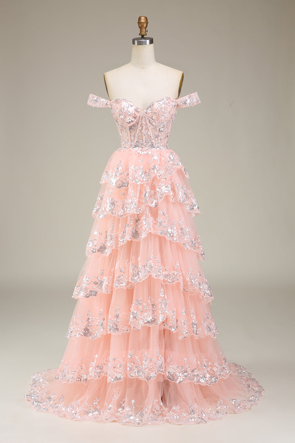 Blush Off the Shoulder Corset Sequin Tiered Prom Dress with Slit