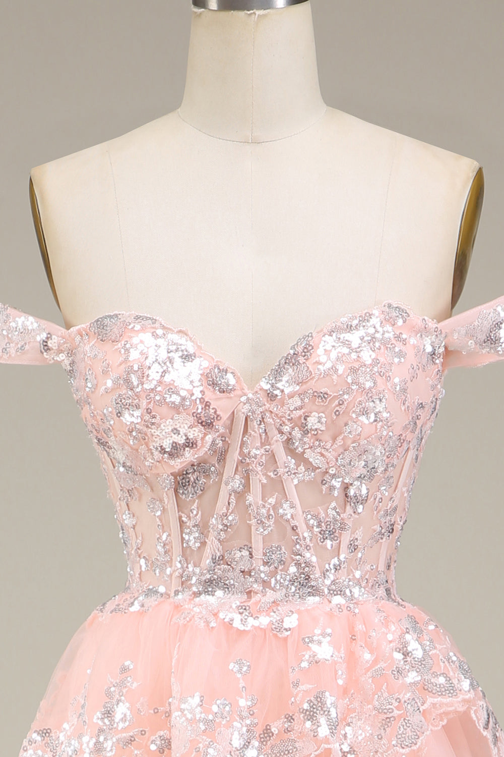 Blush Off the Shoulder Corset Sequin Tiered Prom Dress with Slit
