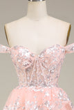 Blush Off the Shoulder Corset Sequin Tiered Prom Dress with Slit