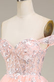 Blush Off the Shoulder Corset Sequin Tiered Prom Dress with Slit