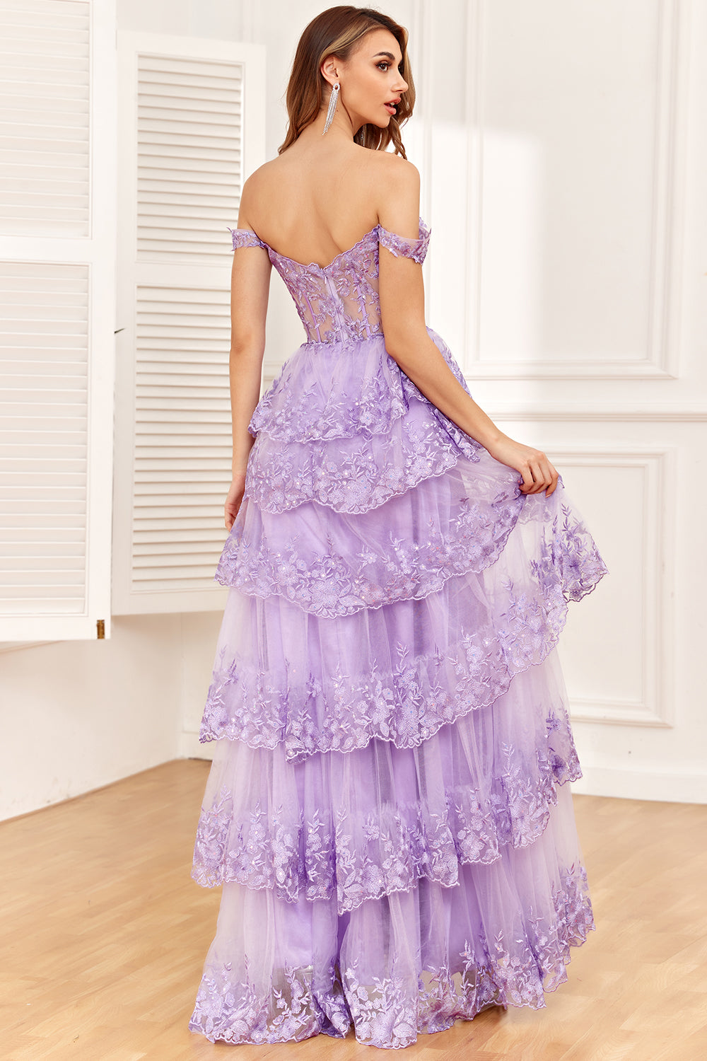 Dark Blue Off the Shoulder Corset Prom Dress with Slit