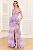 Dark Blue Off the Shoulder Corset Prom Dress with Slit