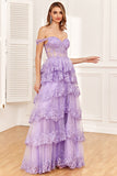 Dark Blue Off the Shoulder Corset Prom Dress with Slit