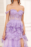 Dark Blue Off the Shoulder Corset Prom Dress with Slit