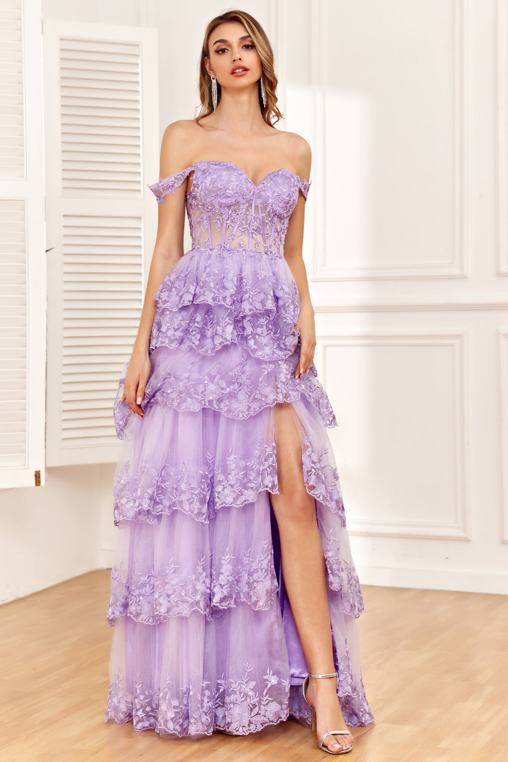 Dark Blue Off the Shoulder Corset Prom Dress with Slit