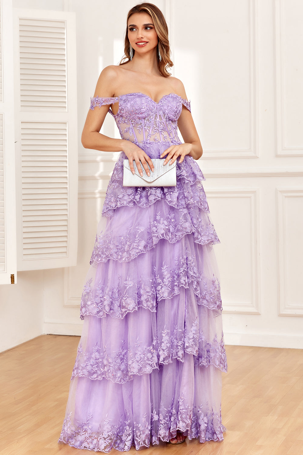 Dark Blue Off the Shoulder Corset Prom Dress with Slit