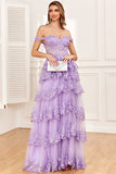 Dark Blue Off the Shoulder Corset Prom Dress with Slit