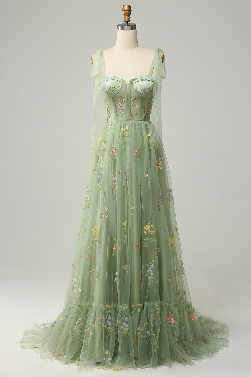 A-line Embroidery Grey Blue Corset Tulle Long Prom Dress