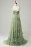 A-line Embroidery Grey Blue Corset Tulle Long Prom Dress