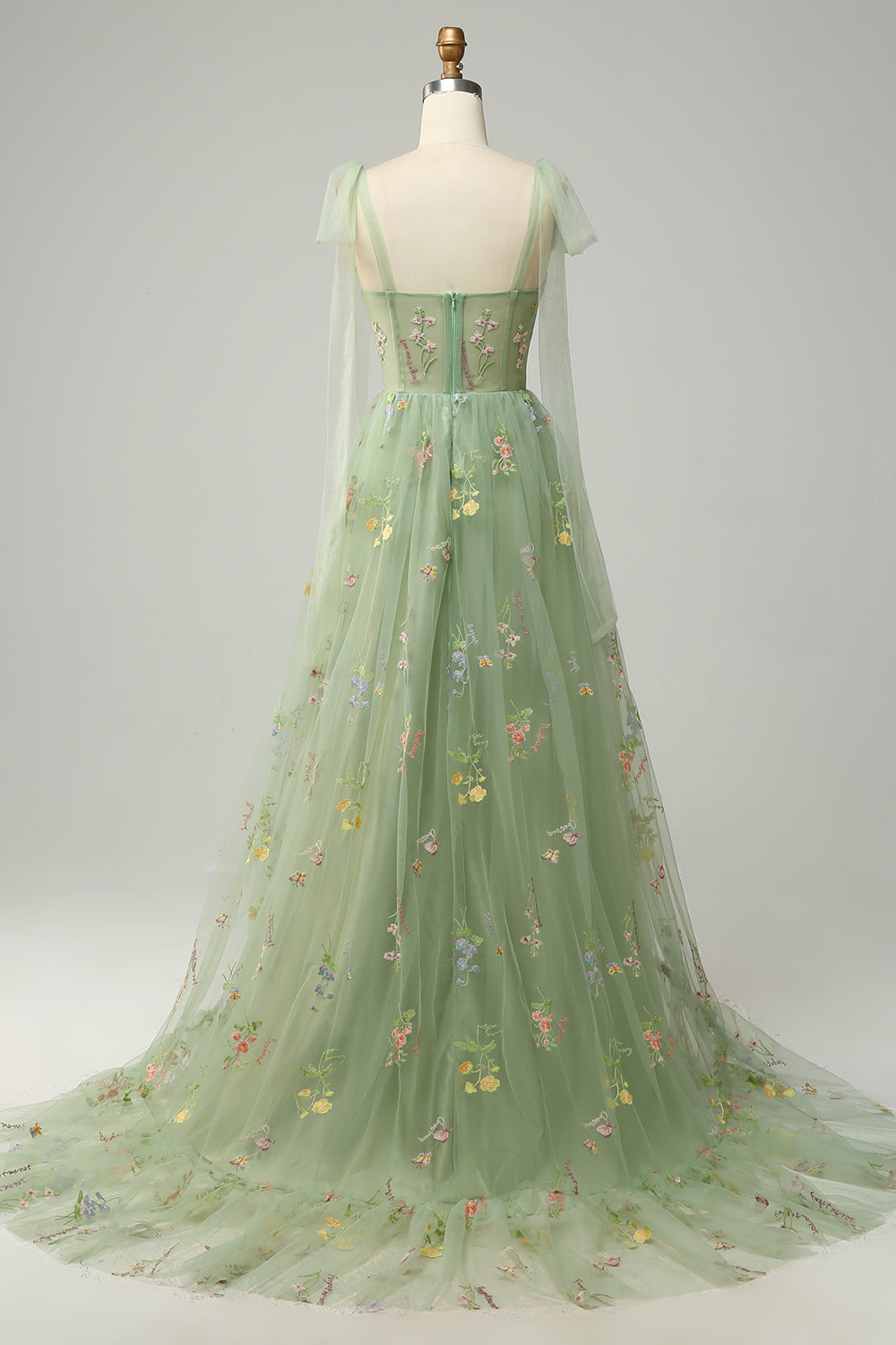 A-line Embroidery Grey Blue Corset Tulle Long Prom Dress