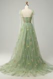 A-line Embroidery Grey Blue Corset Tulle Long Prom Dress