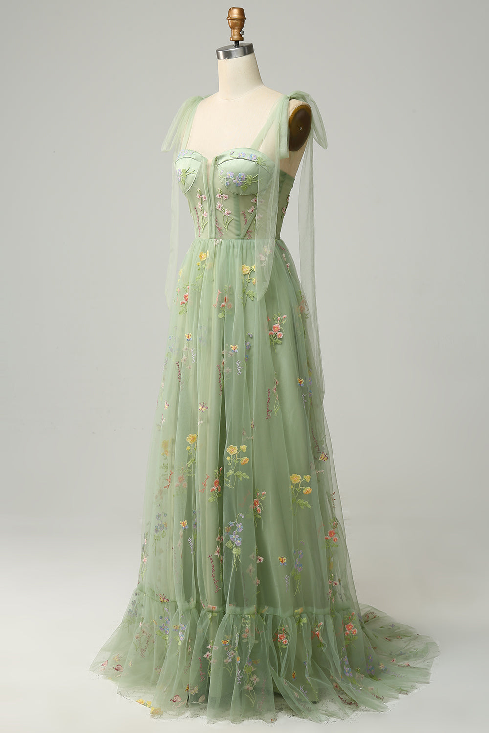 A-line Embroidery Grey Blue Corset Tulle Long Prom Dress