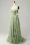 A-line Embroidery Grey Blue Corset Tulle Long Prom Dress