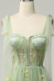 A-line Embroidery Grey Blue Corset Tulle Long Prom Dress