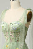 A-line Embroidery Grey Blue Corset Tulle Long Prom Dress