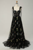 Black Embroidery Corset Long Prom Dress