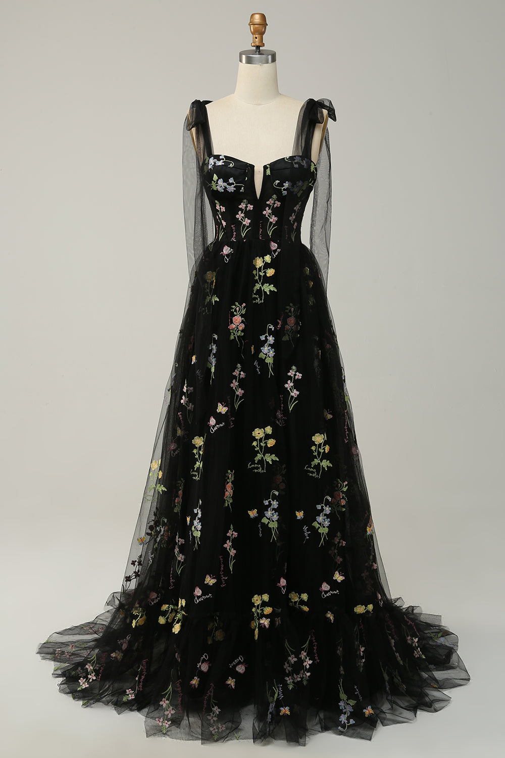 A-line Embroidery Grey Blue Corset Tulle Long Prom Dress
