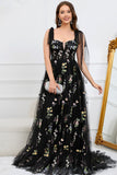 A-line Embroidery Grey Blue Corset Tulle Long Prom Dress