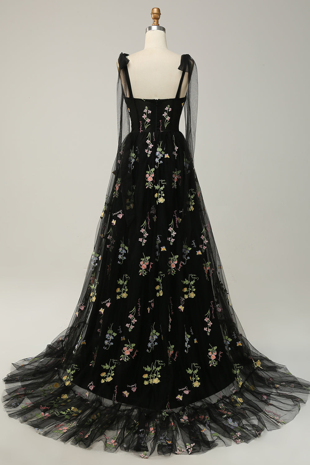 A-line Embroidery Grey Blue Corset Tulle Long Prom Dress