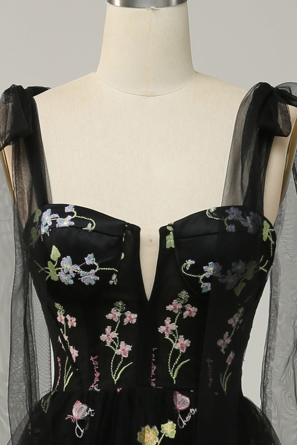 Black Embroidery Corset Long Prom Dress