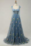 A-line Embroidery Grey Blue Corset Tulle Long Prom Dress