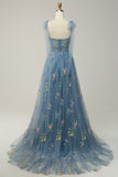 A-line Embroidery Grey Blue Corset Tulle Long Prom Dress