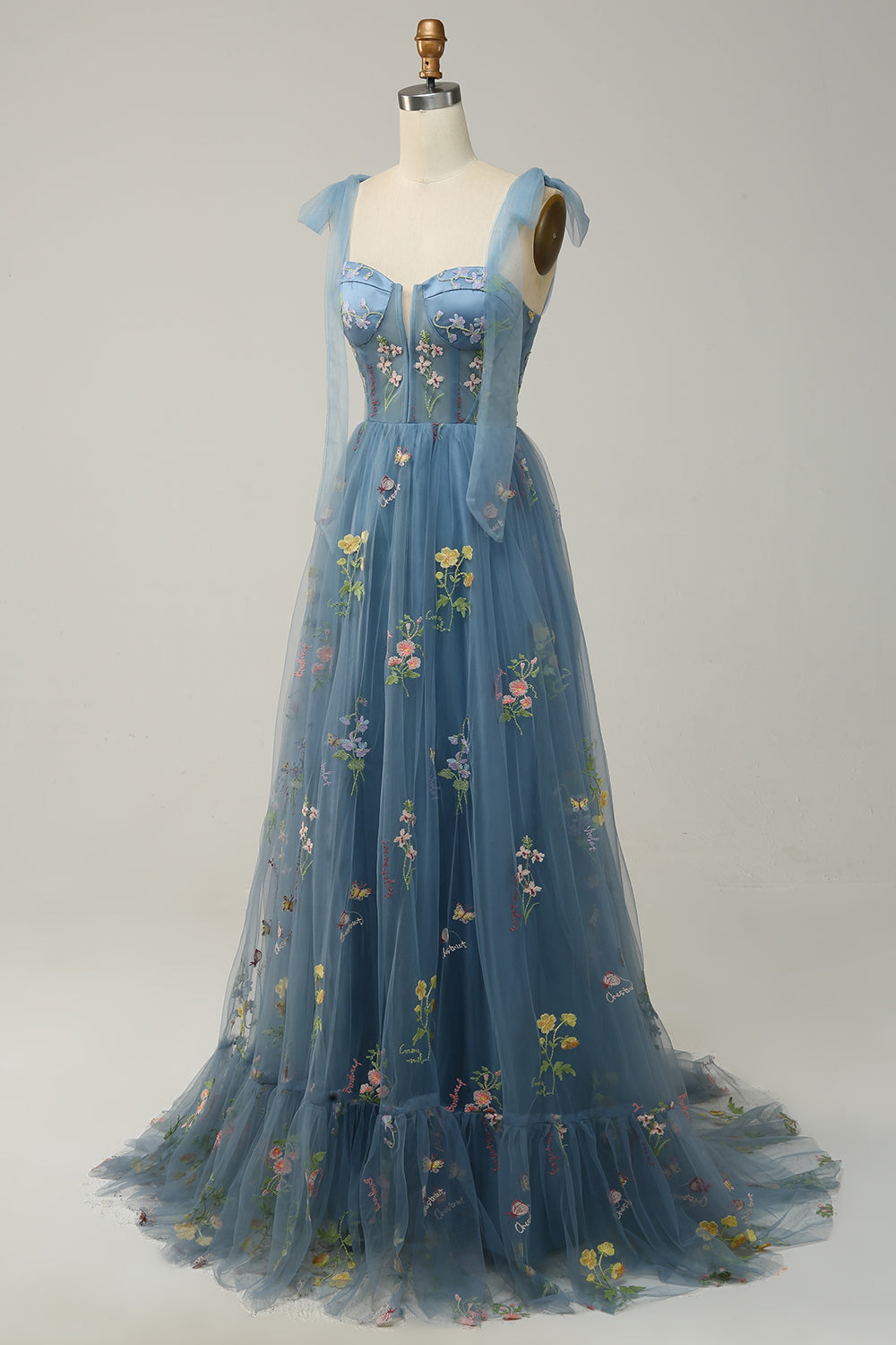 A-line Embroidery Grey Blue Corset Tulle Long Prom Dress