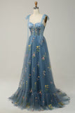 A-line Embroidery Grey Blue Corset Tulle Long Prom Dress