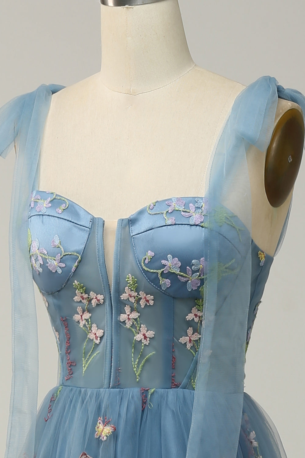 A-line Embroidery Grey Blue Corset Tulle Long Prom Dress
