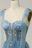 A-line Embroidery Grey Blue Corset Tulle Long Prom Dress