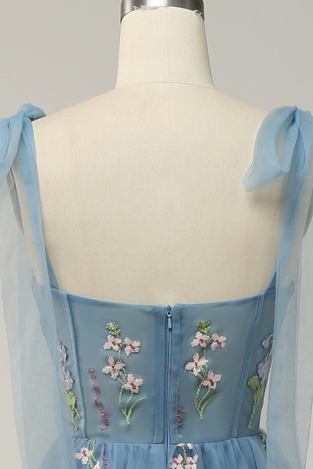 A-line Embroidery Grey Blue Corset Tulle Long Prom Dress