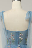 A-line Embroidery Grey Blue Corset Tulle Long Prom Dress
