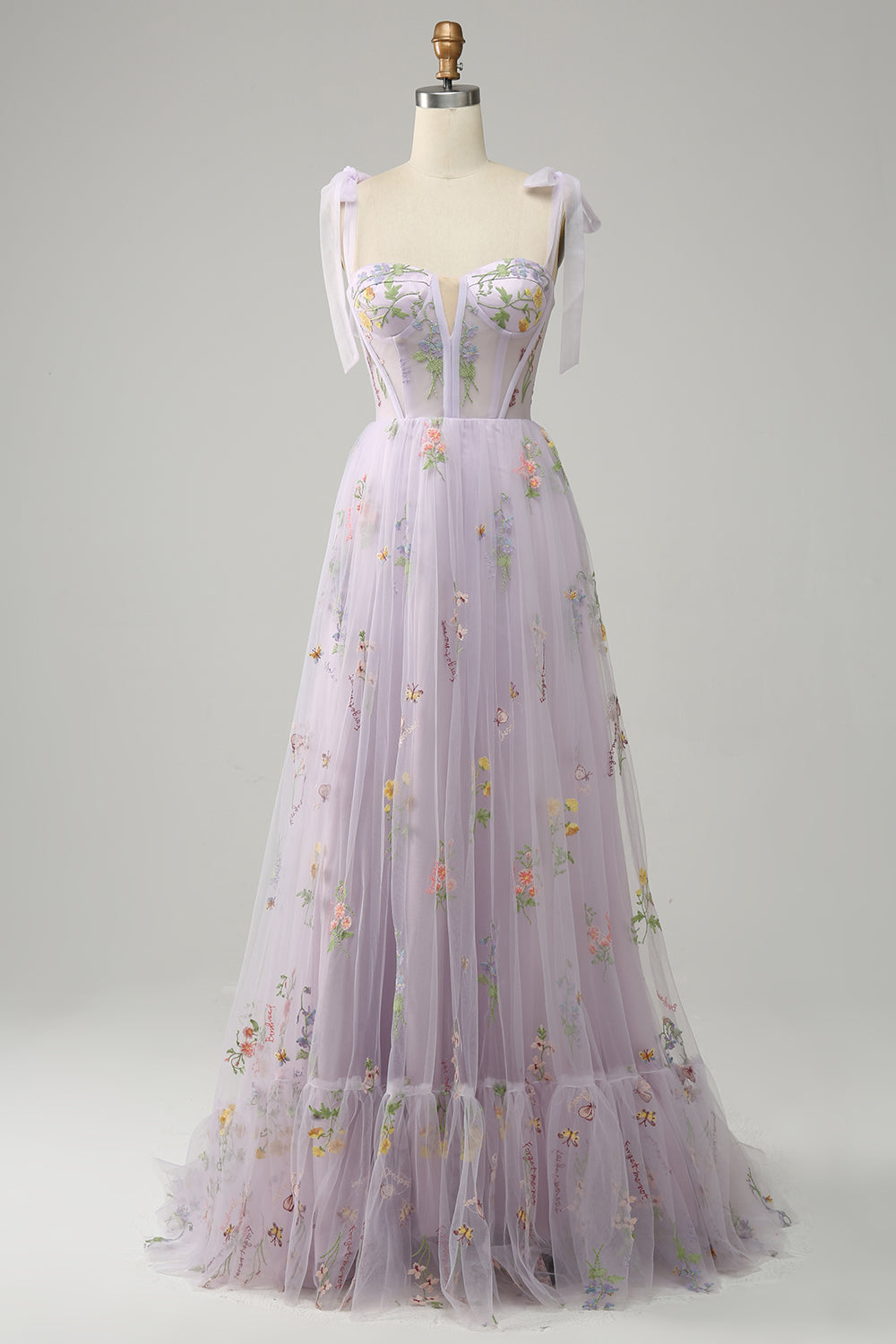 A-line Embroidery Grey Blue Corset Tulle Long Prom Dress