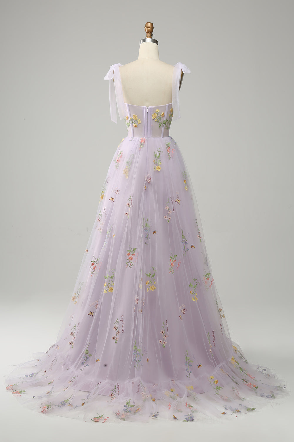 A-line Embroidery Grey Blue Corset Tulle Long Prom Dress