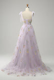 A-line Embroidery Grey Blue Corset Tulle Long Prom Dress