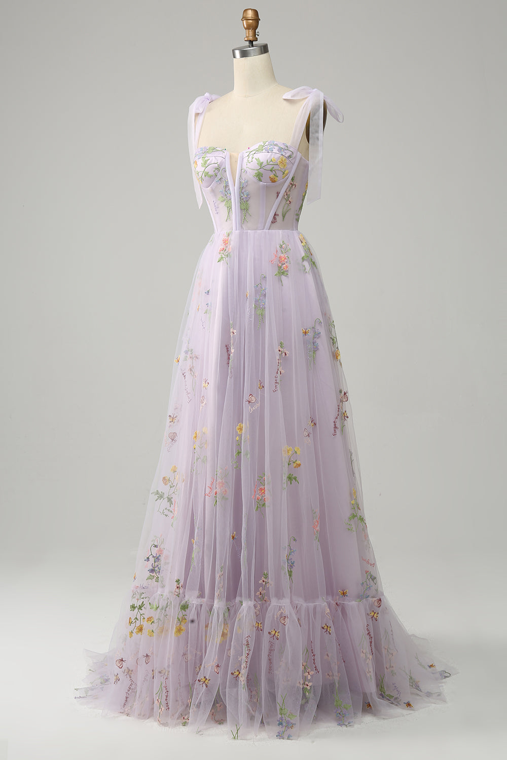 A-line Embroidery Grey Blue Corset Tulle Long Prom Dress