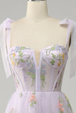 A-line Embroidery Grey Blue Corset Tulle Long Prom Dress