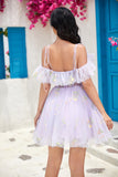 Off the Shoulder Ruffles Tulle Graduation Dress with Embroidery