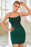 Sheath Spaghetti Straps Dark Green Short Graduation Dress with Appliques