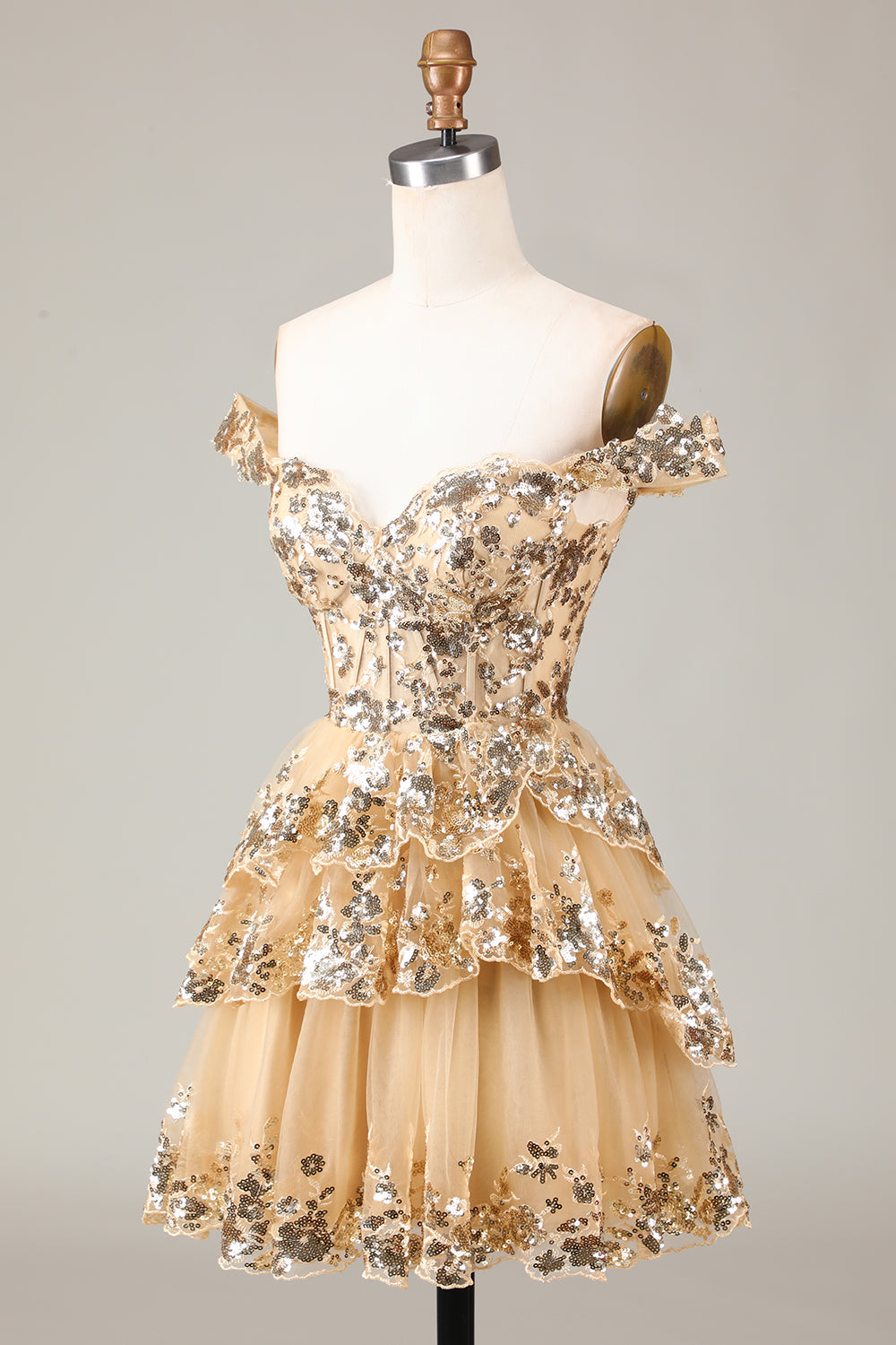 Golden Sparkly Corset Tiered Lace A-Line Short Graduation Dress
