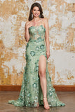 Mermaid Spaghetti Straps Green Corset Prom Dress with Appliques