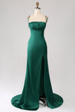 Dark Green Mermaid Spaghetti Straps Satin Prom Dress