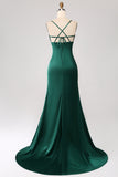 Dark Green Mermaid Spaghetti Straps Satin Prom Dress