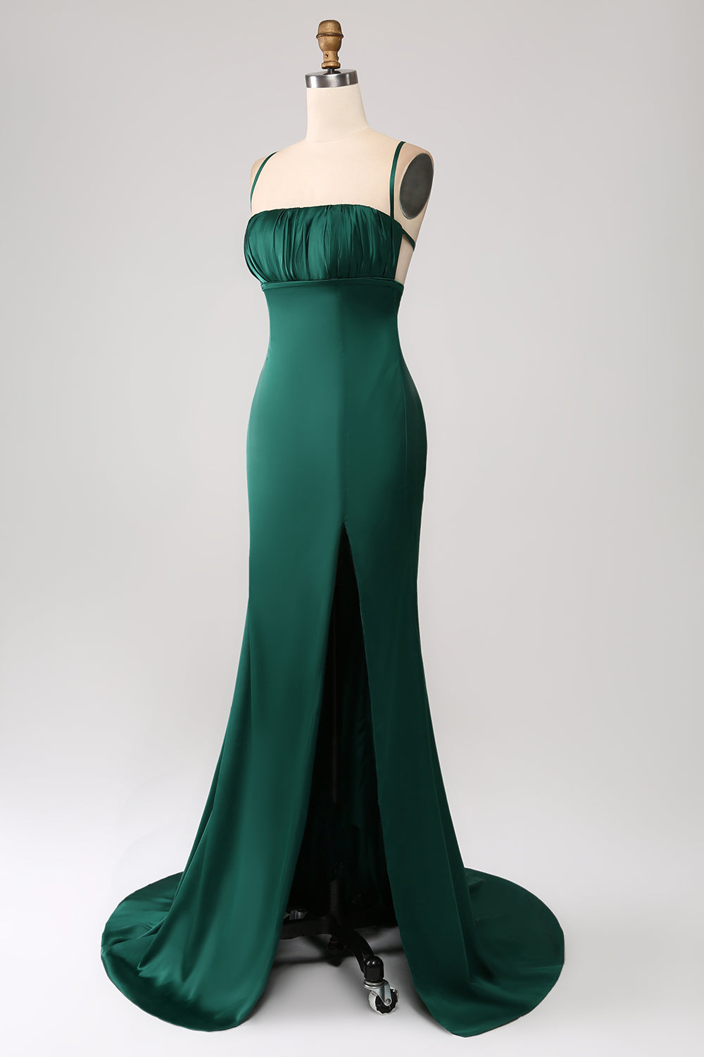 Dark Green Mermaid Spaghetti Straps Satin Prom Dress