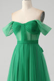 Dark Green A Line Off The Shoulder Corset Long Prom Dress