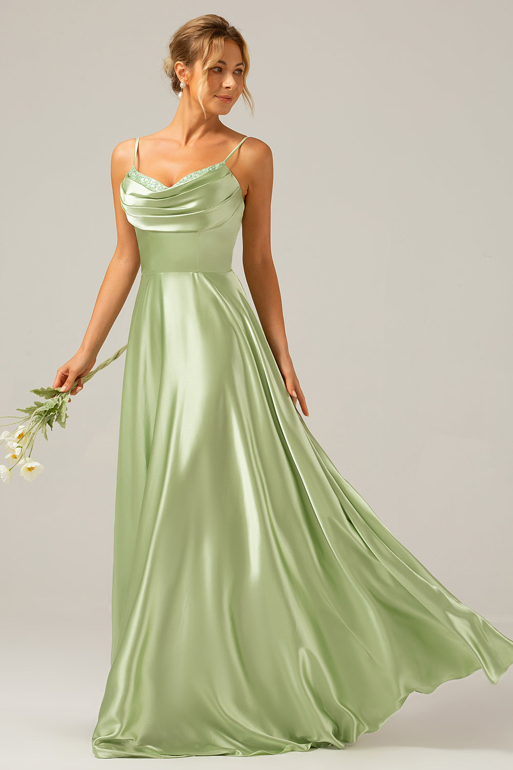 Dusty Sage A Line Cowl Neck Satin Long Bridesmaid Dress